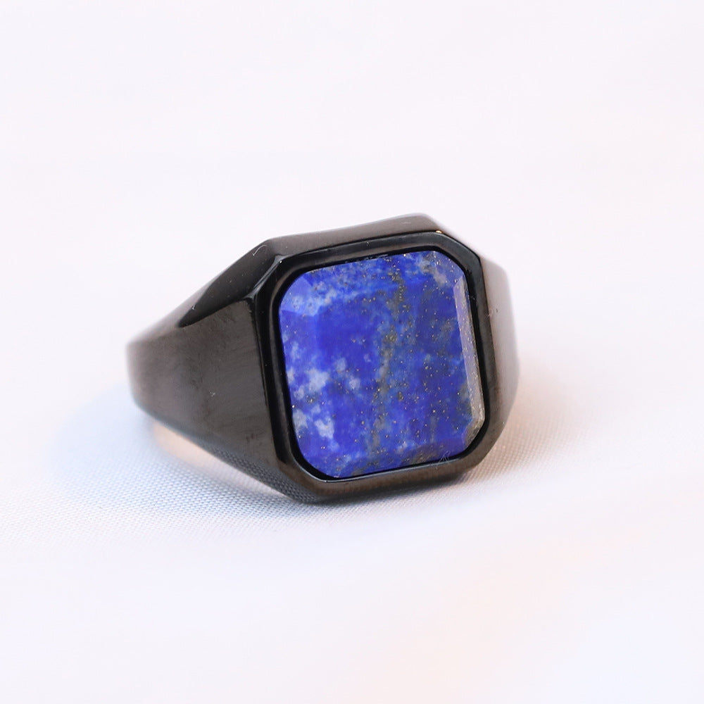 Wholesale Retro Geometric Square Inlaid Lapis Lazuli Titanium Steel Men's Rings