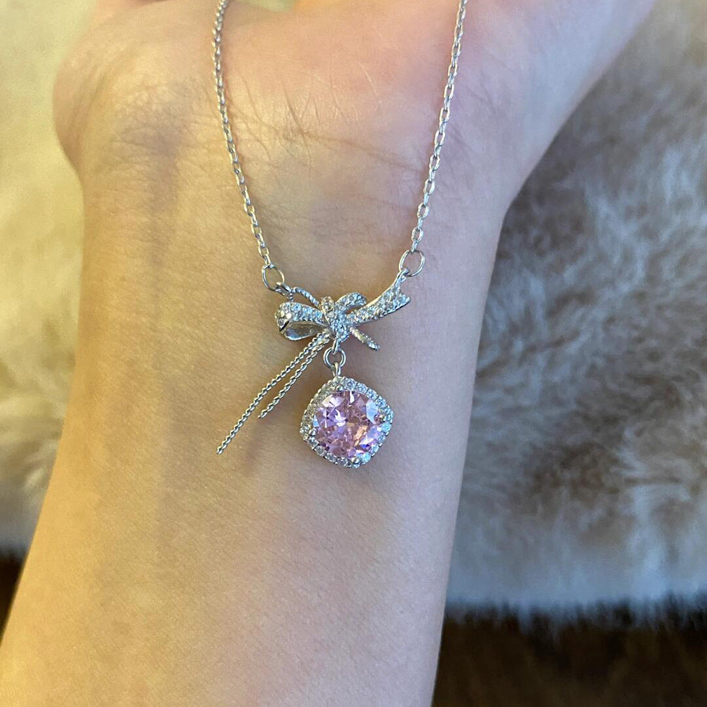 Wholesale Square Sugar White Diamond Bow Pink Diamond Titanium Steel Necklace