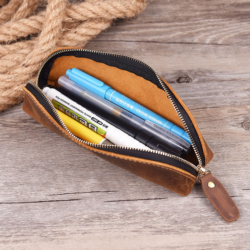 Wholesale Vintage Minimalist Cowhide Zippered Pencil Case