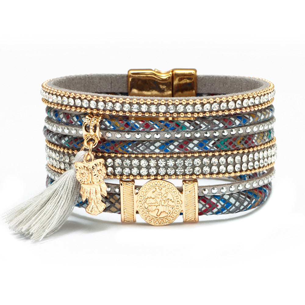 Wholesale Diamond-studded Bohemian Tassel Colorful Magnetic PU Leather Bracelet