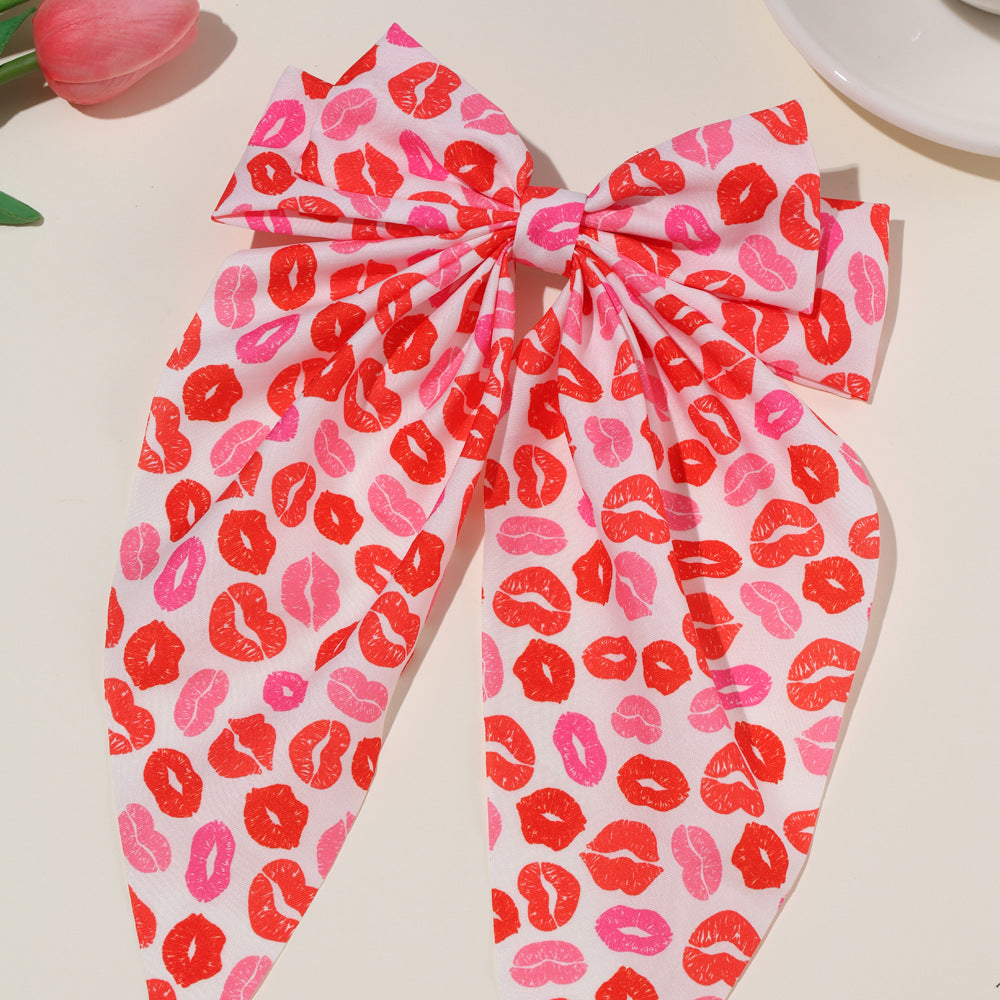 Wholesale valentine's day bow ribbon spring clip heart-shaped red lip printing hair accessories