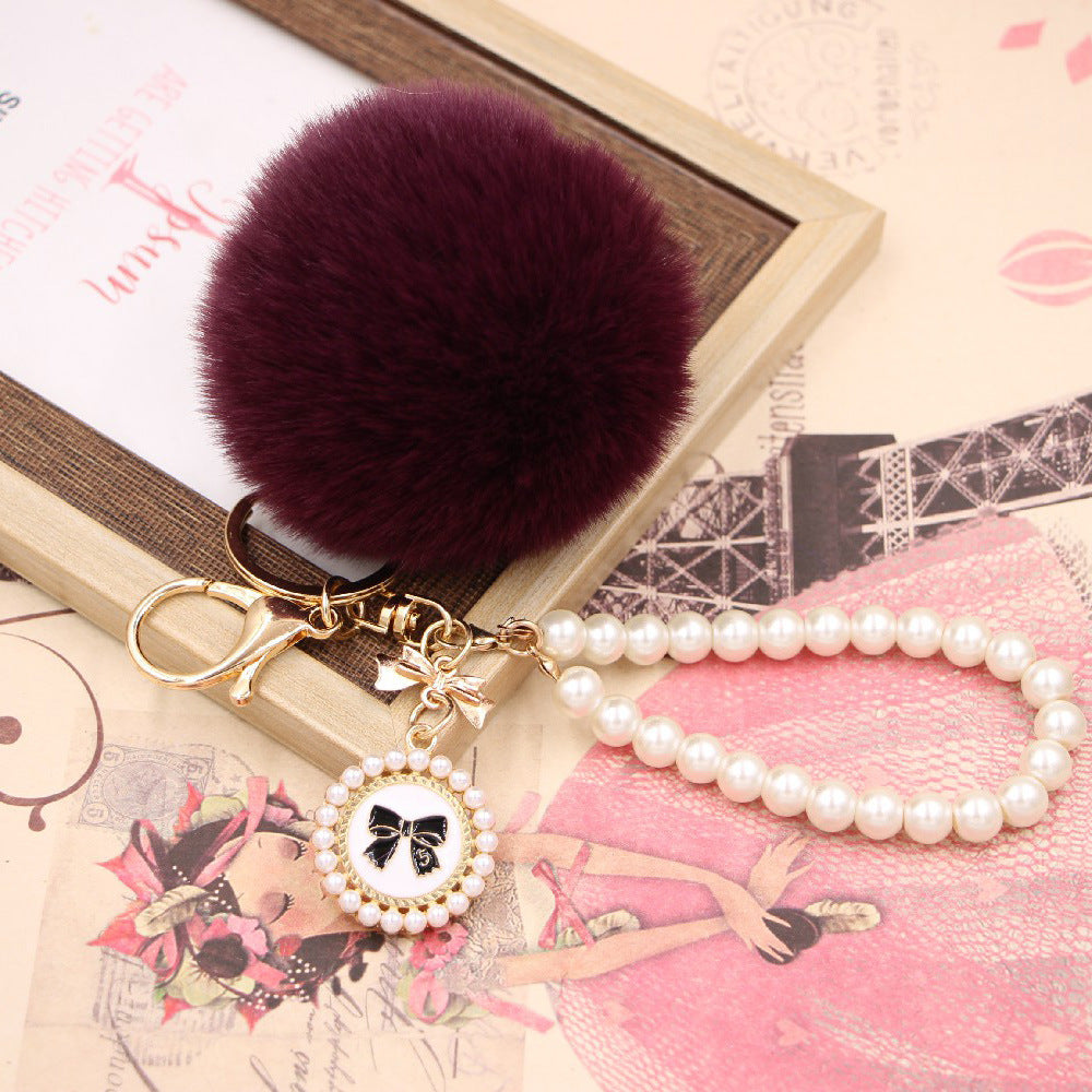 Wholesale Imitation Rex Rabbit Fur Ball Pearl Chain Bow Plush Ball Keychain