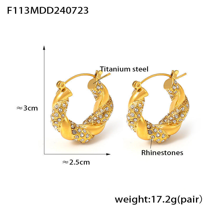 Wholesale Fashionable and Simple U-shaped Titanium Steel Inlaid Zircon Twisted Non-fading Light Luxury Temperament Earrings