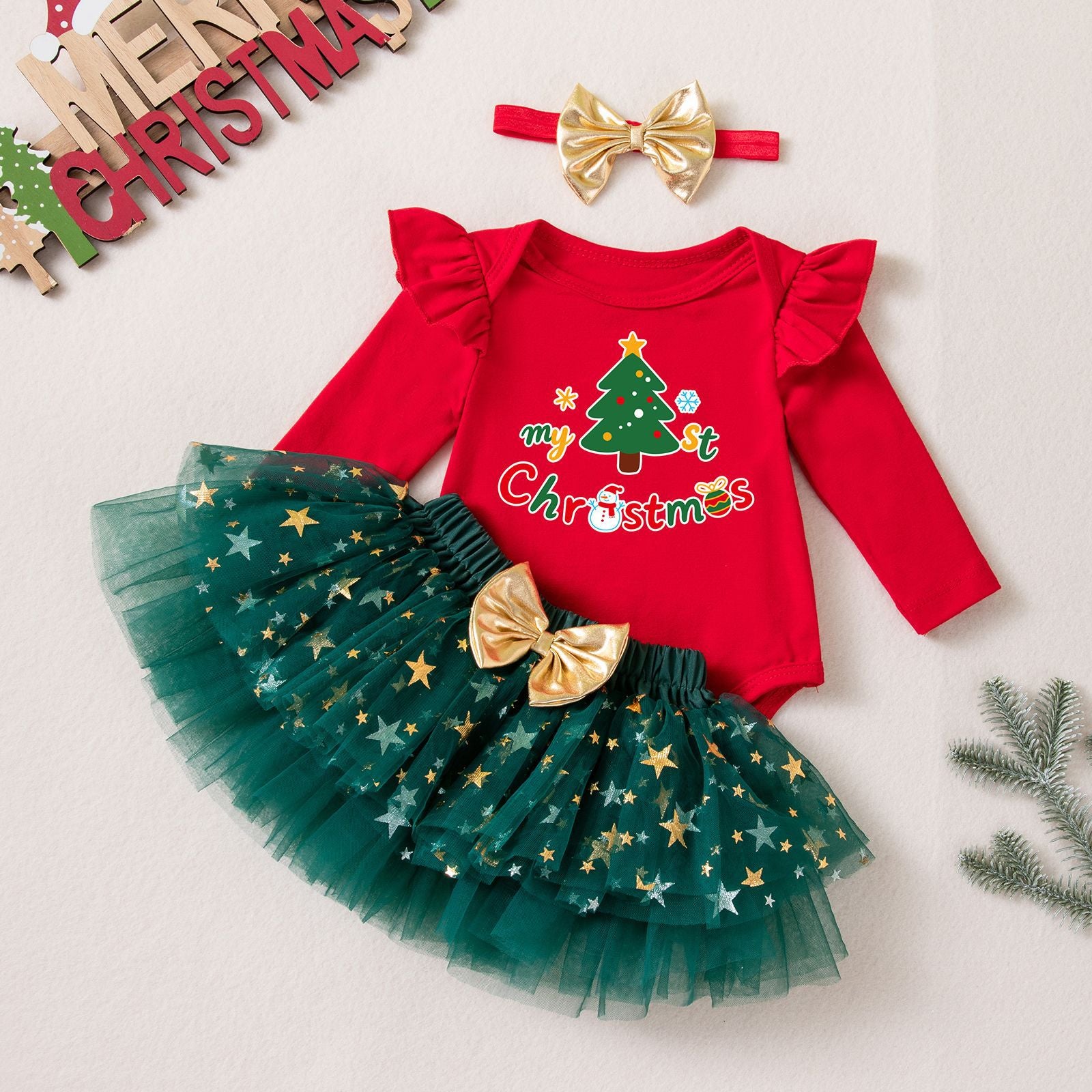 Wholesale Infant Baby Girl Christmas Dress Set Red Star Tulle Skirt 3 Piece Holiday Party Outfit
