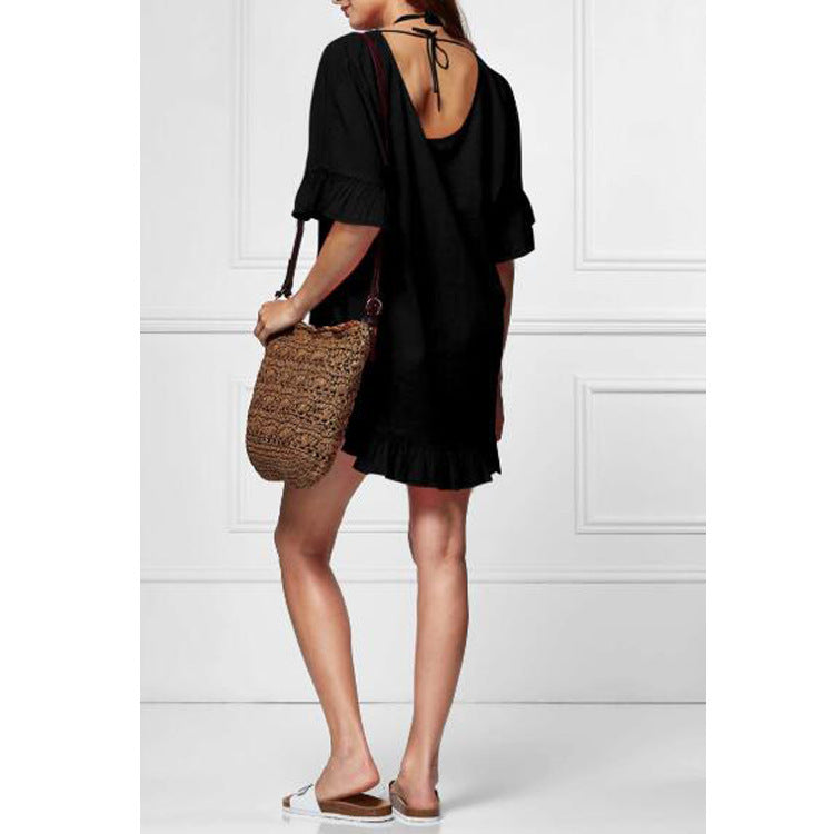 Wholesale Vacation Wind Beach Solid Color Ruffle V Neck Swimwear Cover Up