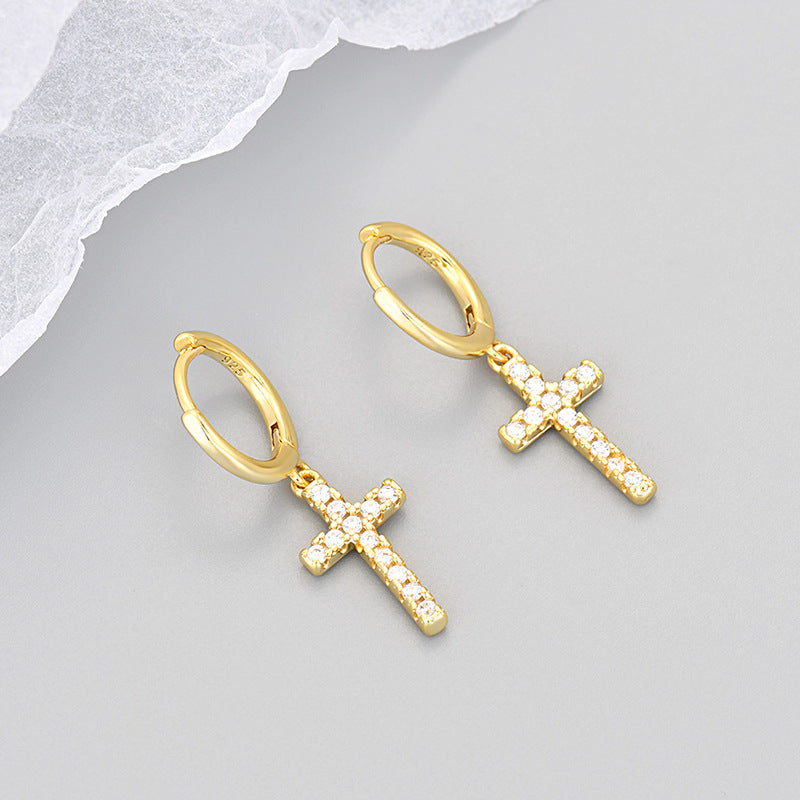Wholesale Gold-plated cross earrings with rhinestones