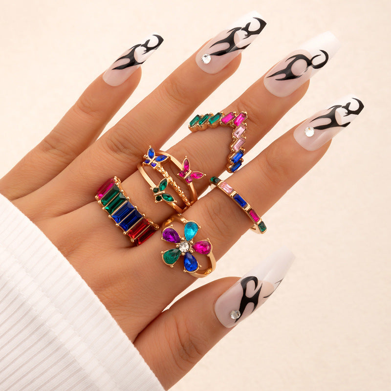 Wholesale Colorful diamond flower ring snake scallop eight-piece set