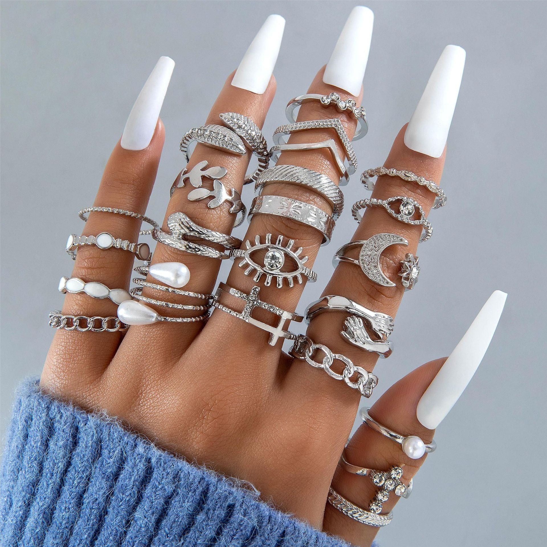Wholesale Retro Butterfly Flower Moon Ring Punk Snake Stacking Joint Ring Set