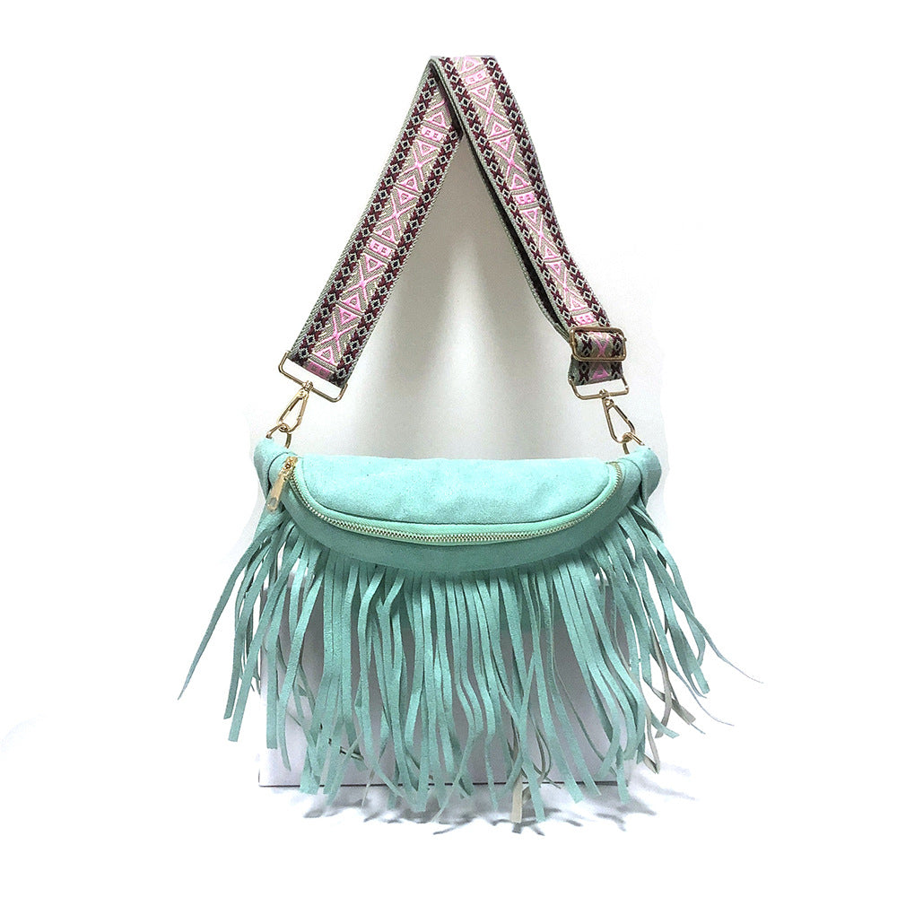 Wholesale Retro Ethnic Style Wide Shoulder Strap Detachable Tassel Bag PU Crossbody Bag