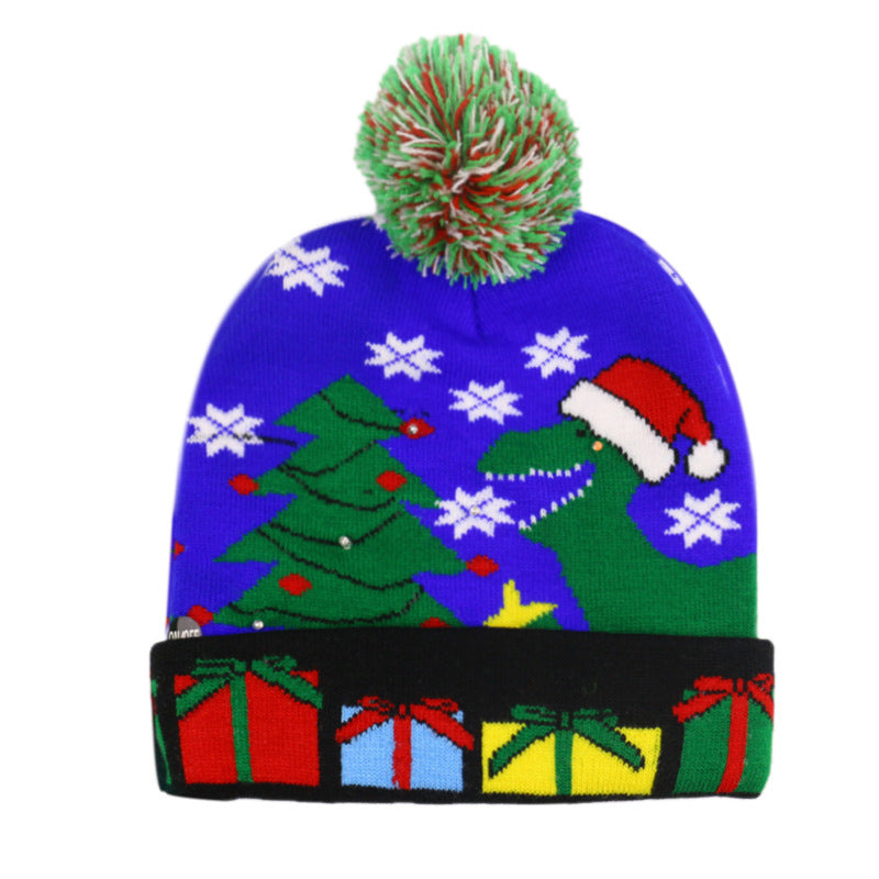 Wholesale Christmas Snowman Elk Christmas Tree Hair Ball Knitted Hat LED Colorful Dazzling Light Woolen Hat