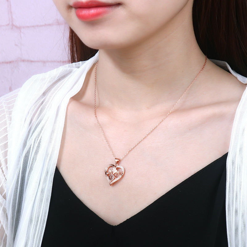 Wholesale Mother's Day Double Love Mom Diamond Set Copper Necklace