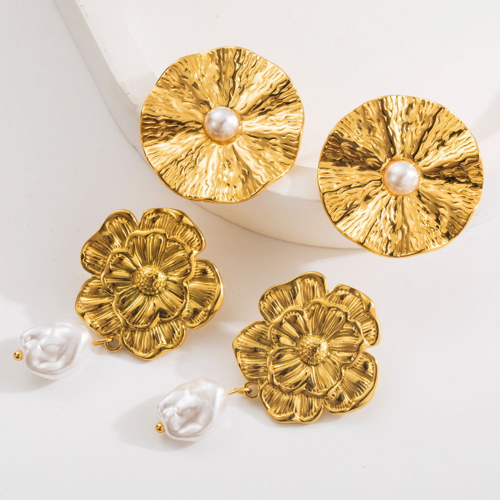 Wholesale Stylish Simple Personality Pleated Texture Flower Titanium Steel Geometric Inlay Pearl Design Sense Earrings