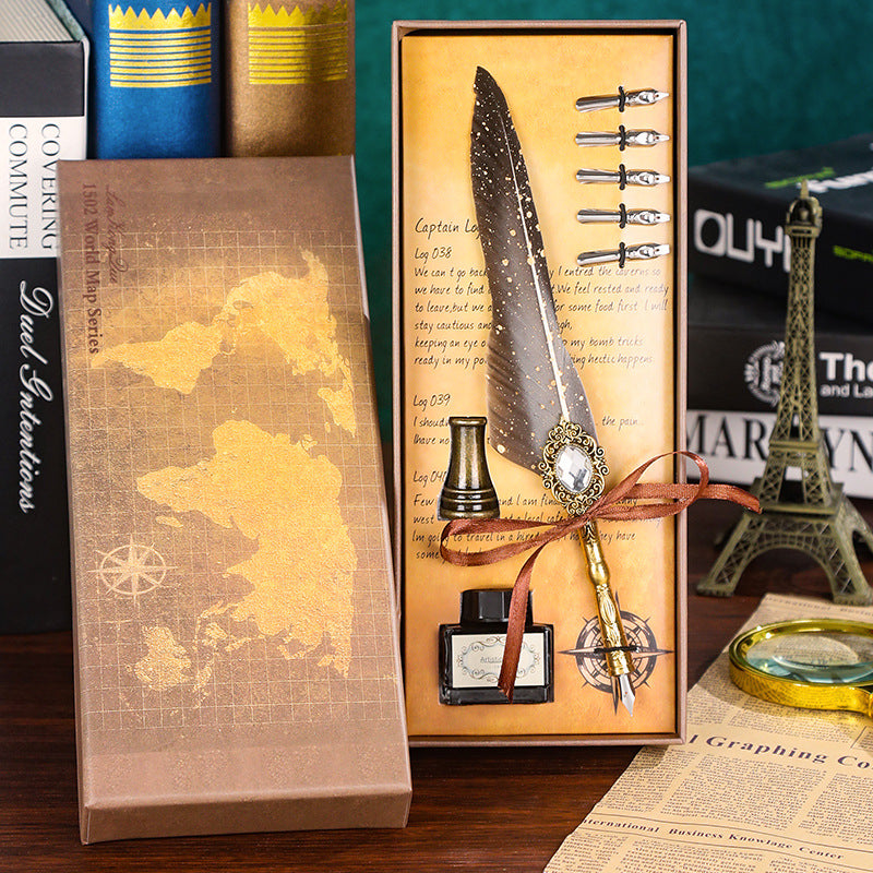 Wholesale Dip Pen Retro Spilled Gold Feather Pen Set Gift Box Gift