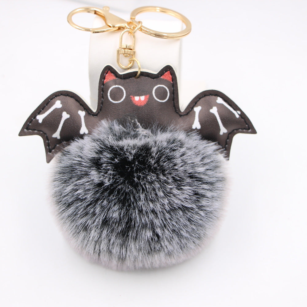 Wholesale Trendy  Bat PU Leather Bag Charm Keychain With Plush Pom Pom Gift For Bags And Car Keys