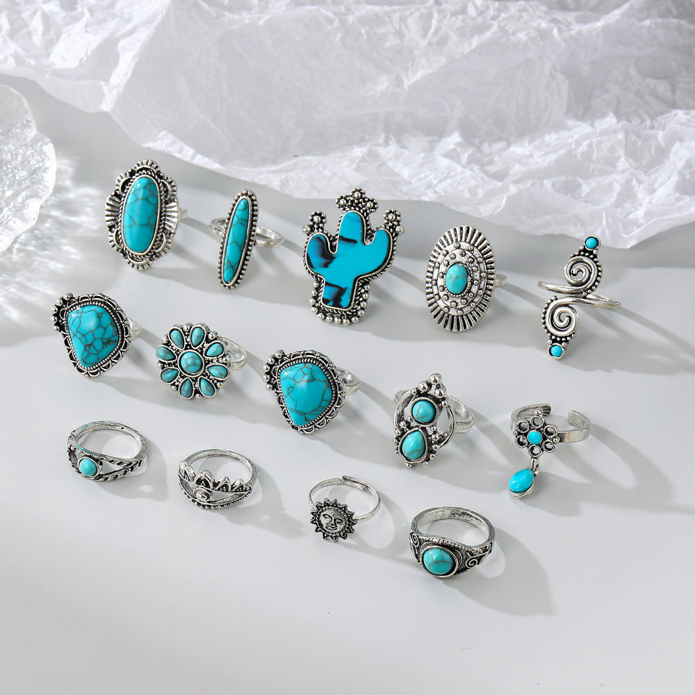 Wholesale Vintage Bohemian Turquoise Cactus Carved 14-Piece Ring Set