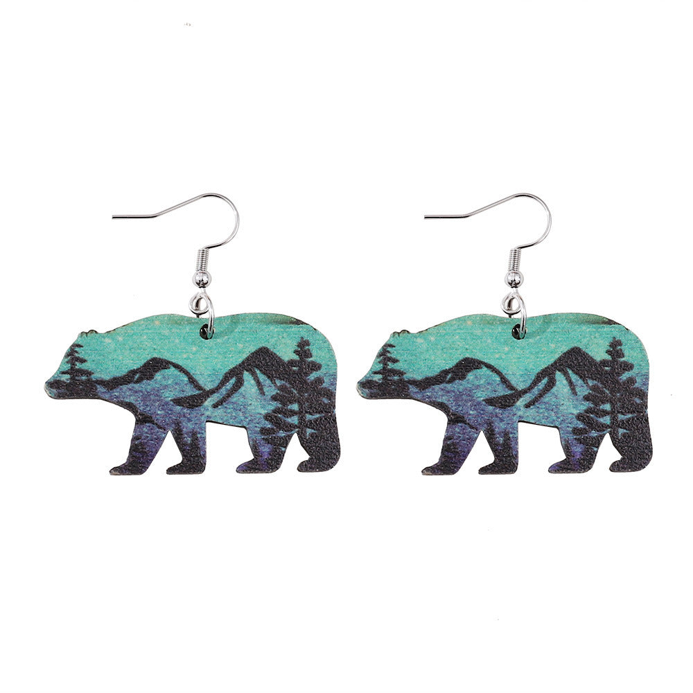 Wholesale Brown Bear Double-Sided Wood Forest Snow Mountain Print Earrings
