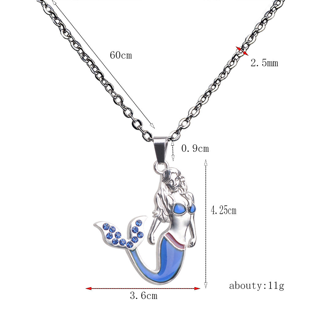 Wholesale Diamond Studded Mermaid Thermochromic Stainless Steel Necklaces