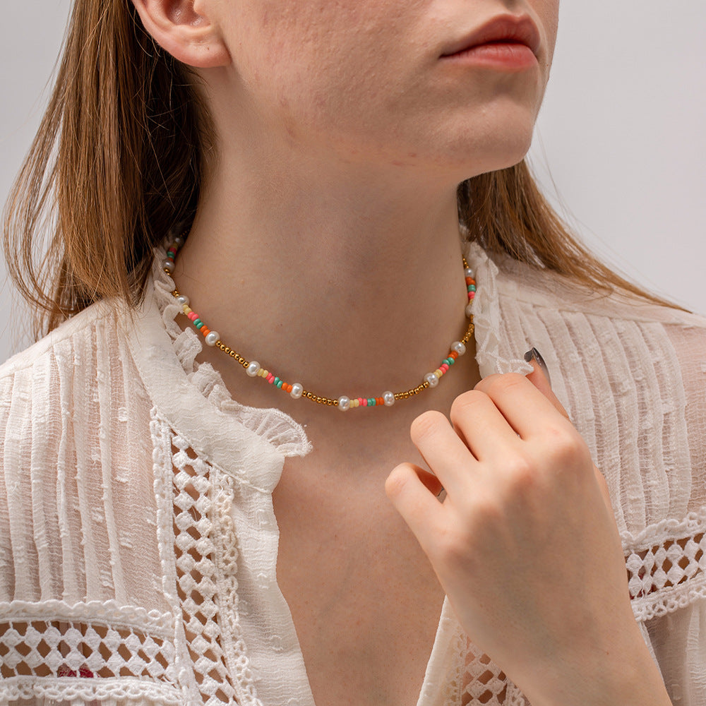 Wholesale 18k Gold Stainless Steel Colorful Beads Glass Pearl Beading Necklaces