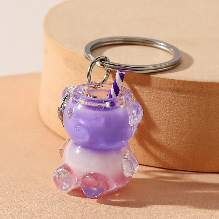 Wholesale Nightlight Bicolor Little Bear Milk Tea Straw Cup Resin Keychain