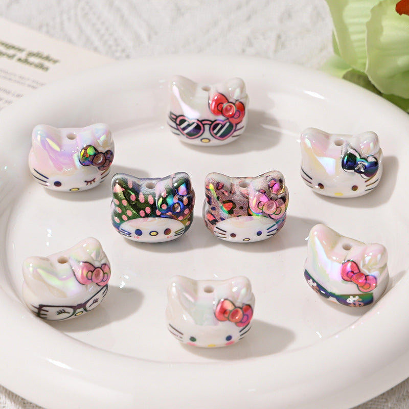 Wholesale 10pcs/pack Color-plated cute 3D cat head straight hole beads