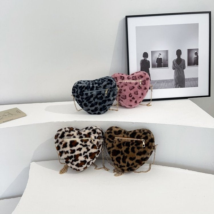 Wholesale Leopard Print Plush Heart Crossbody Bag