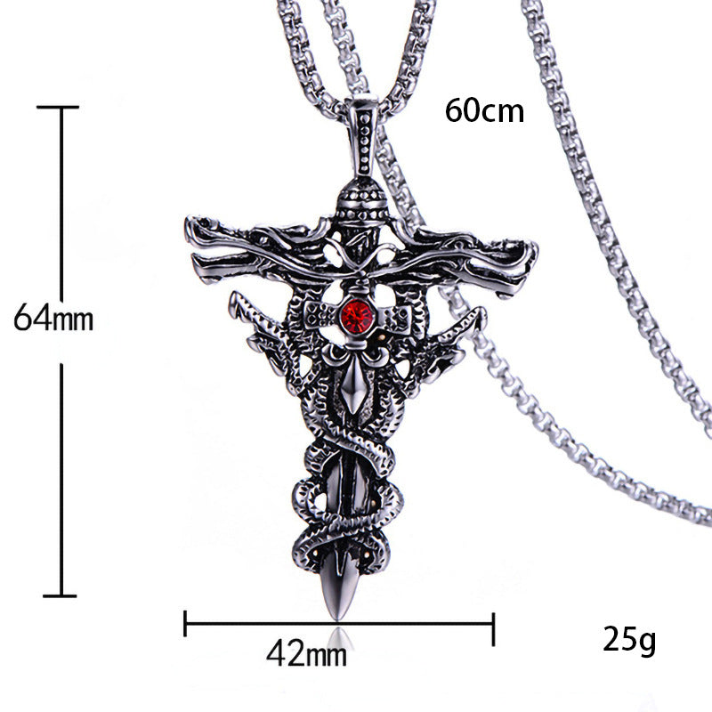 Wholesale Double Dragon Sword Titanium Steel Retro Punk Cross Necklace