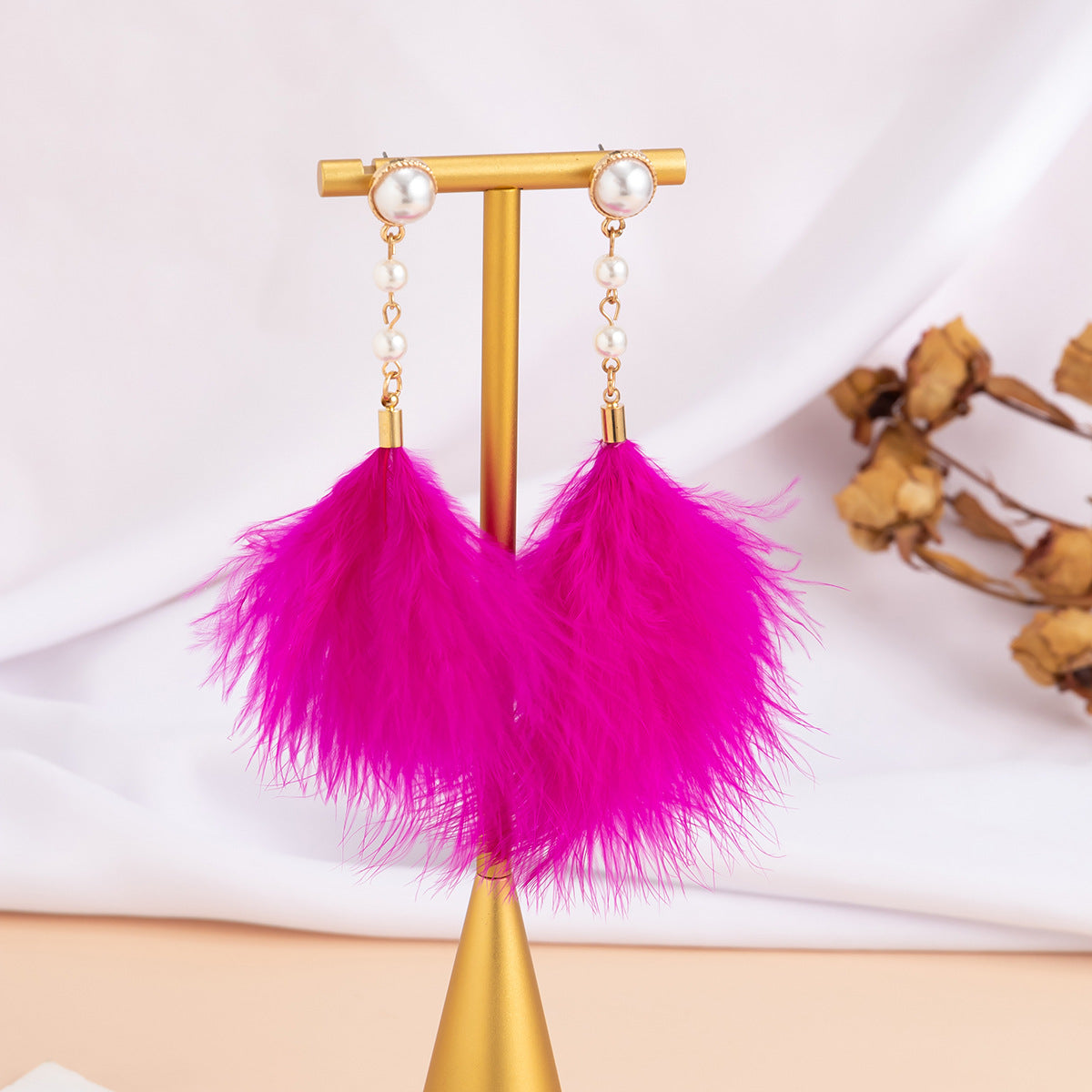 Wholesale Temperament Feather Tassel Imitation Pearl Earrings