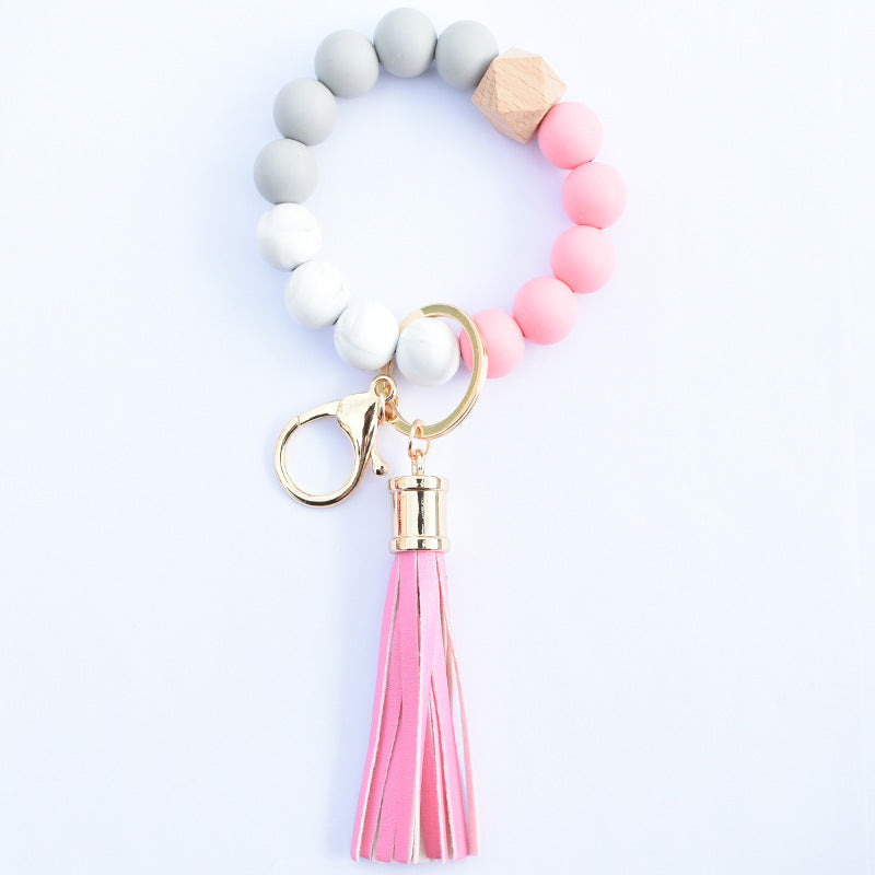 Wholesale Food Grade Silicone Beads Leather Tassel Wood Beads Bracelet Keychain