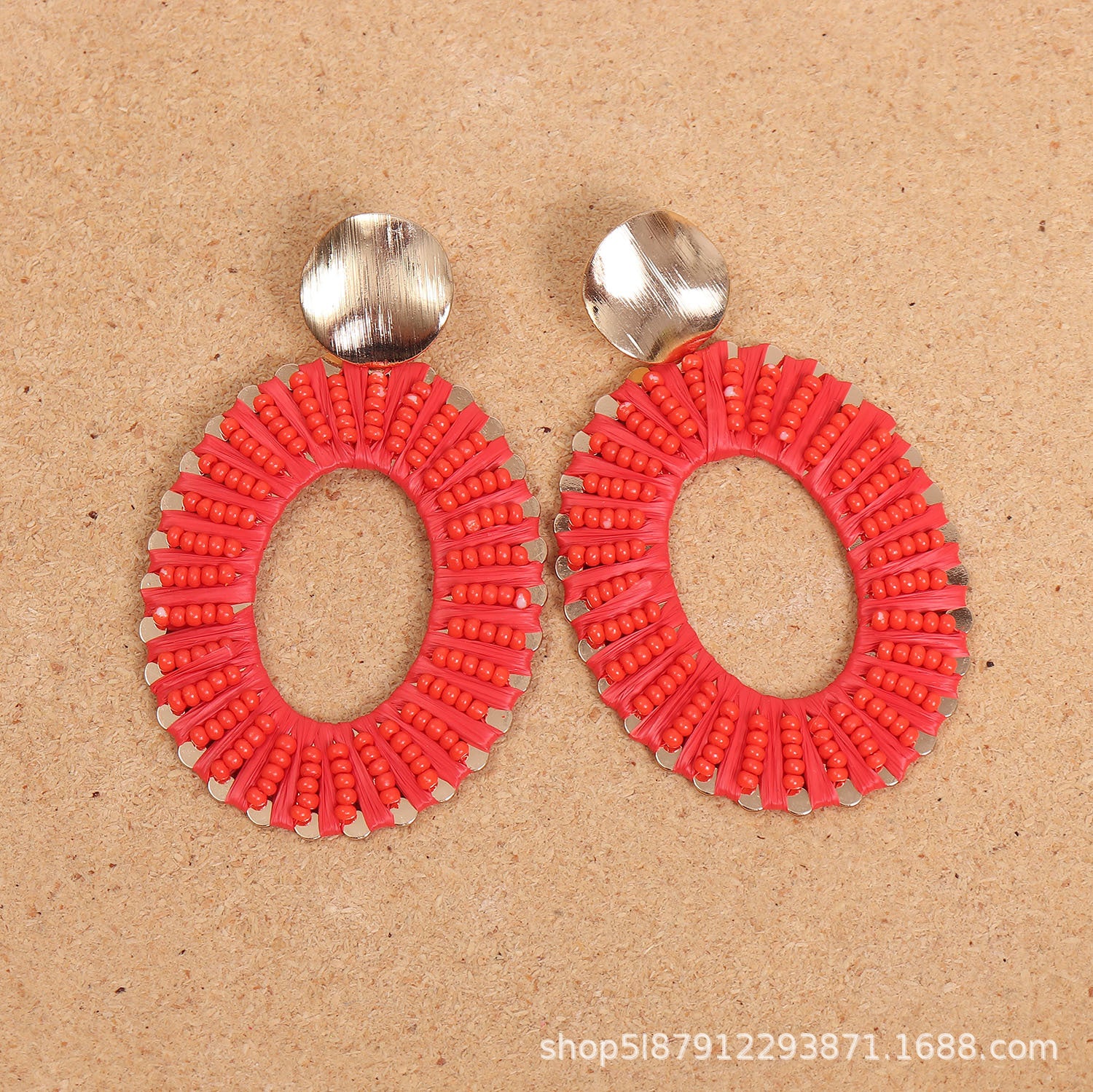 Wholesale Exaggerated Woven Rice Beads Geometric Raffia Earrings