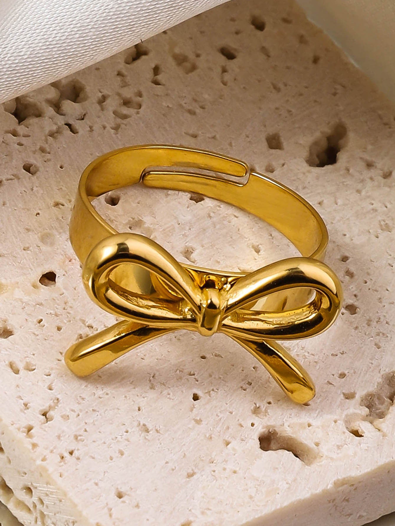 Wholesale Ribbon Knot Heart shaped 18K Real Gold Open Mouth Adjustable Luxury Stainless Steel Rings