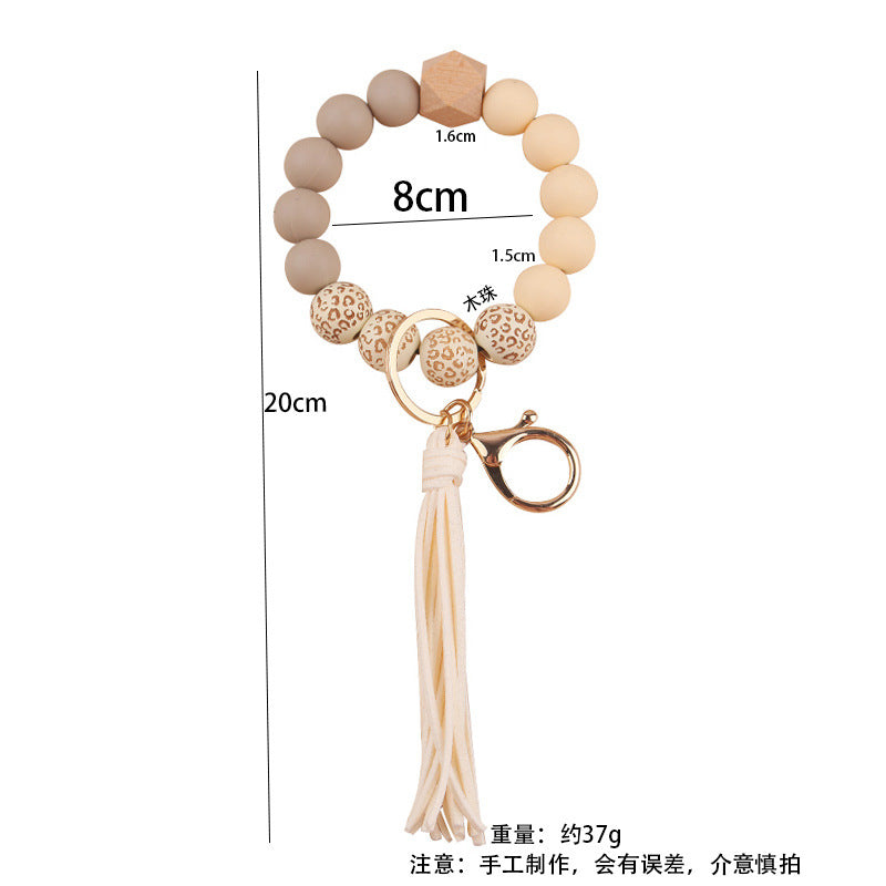 Wholesale European Style Silicone Wood Bead Keychain With Leather Tassel DIY Bracelet Making Kit Fashion Gift For Wedding Party Resale Accessory