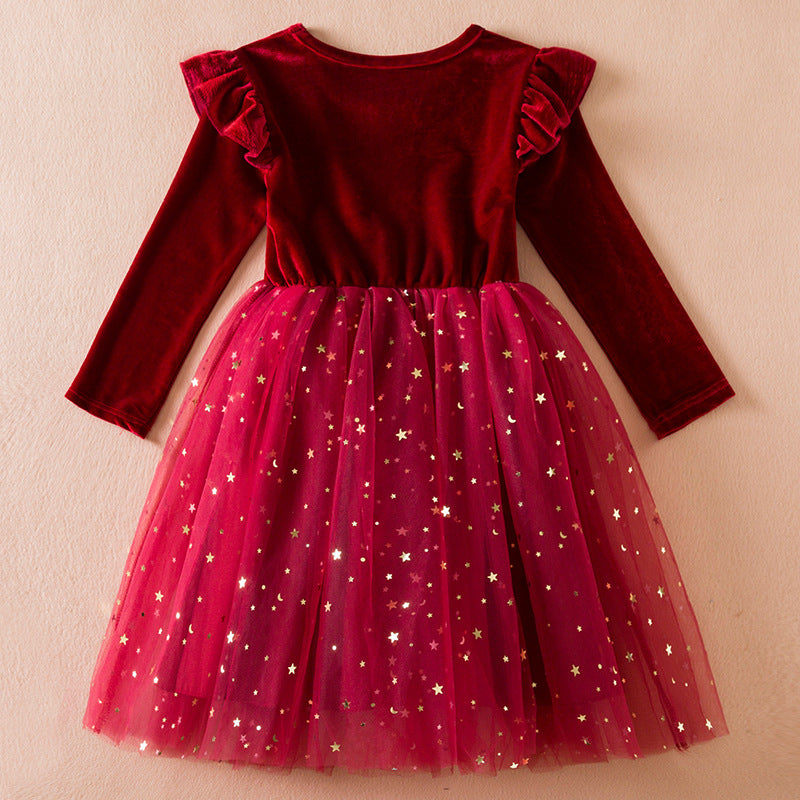 Wholesale Christmas Children's Long Sleeved Star Sequin Mesh Cotton Dresses