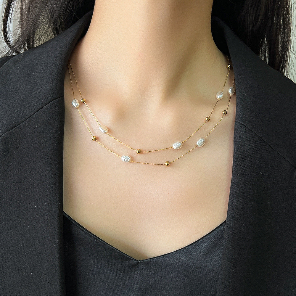 Wholesale Vintage Baroque Pearl Double Layer Clavicle Titanium Steel Necklace