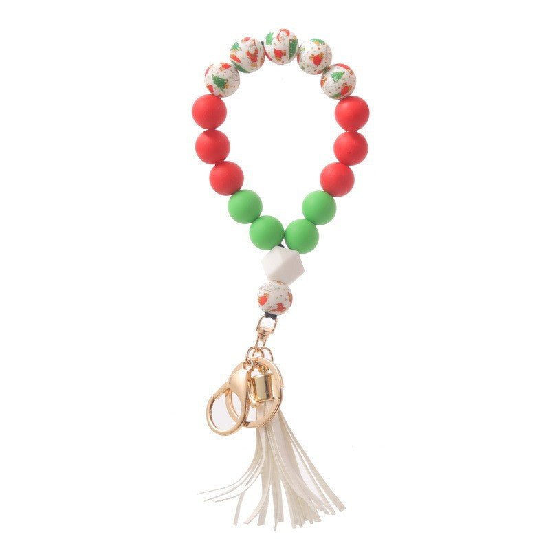 Wholesale Christmas Silicone Beaded Tassel Wrist Keychain