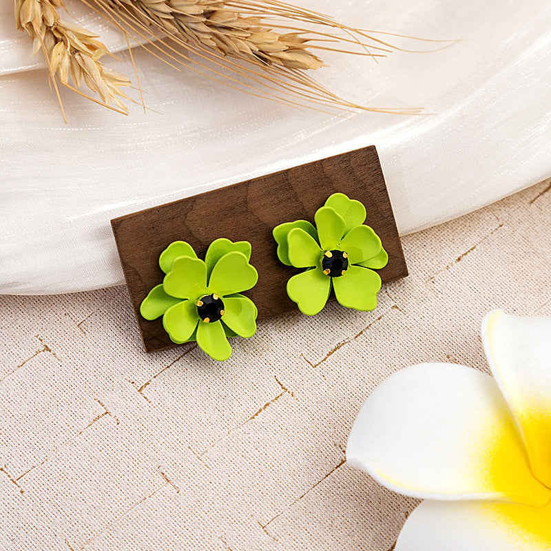 Wholesale Silver Needle Raspberry Red Lacquer Flower Earrings