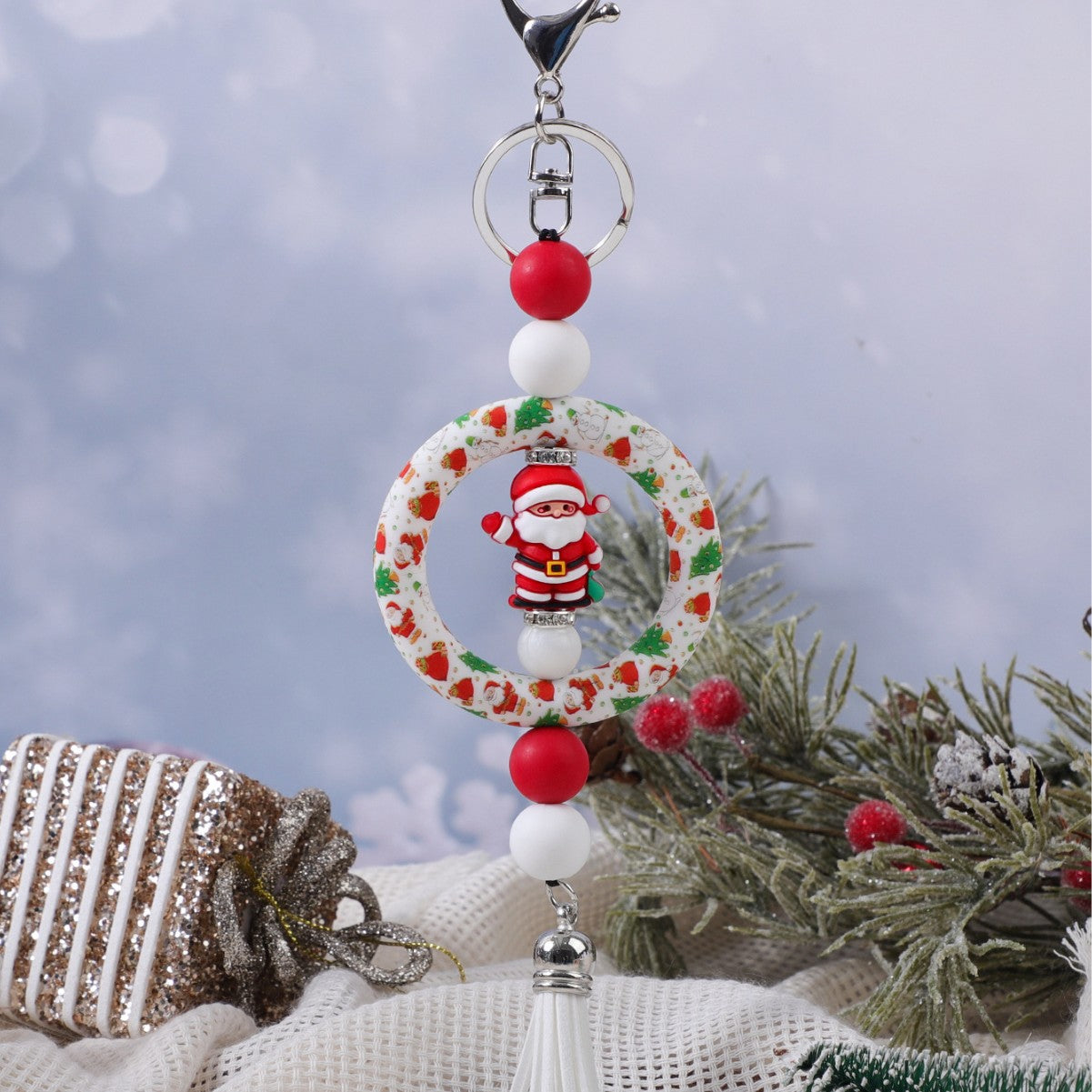 Wholesale Christmas Decoration DIY Beaded Circle Silicone Keychain Bag