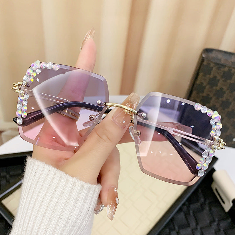 Wholesale Glittery Starry Sky Diamond Large Frame Cut Edge Square Frame Sunglasses