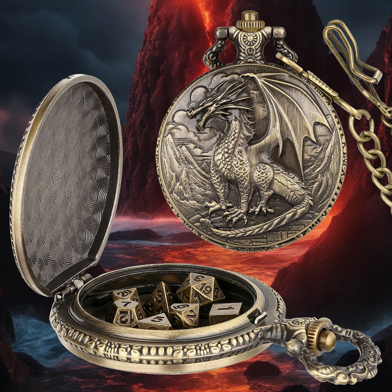 Wholesale Embossed dragon standing  swinging tail containing dice pocket watch OLY Exclusive