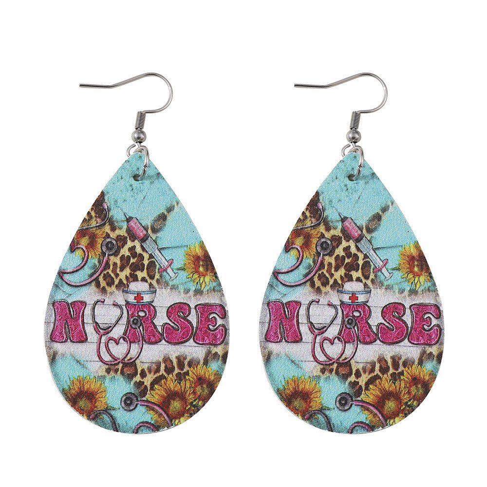 Wholesale Nurse' s Day western style leopard print sunflower  leather pendant earrings