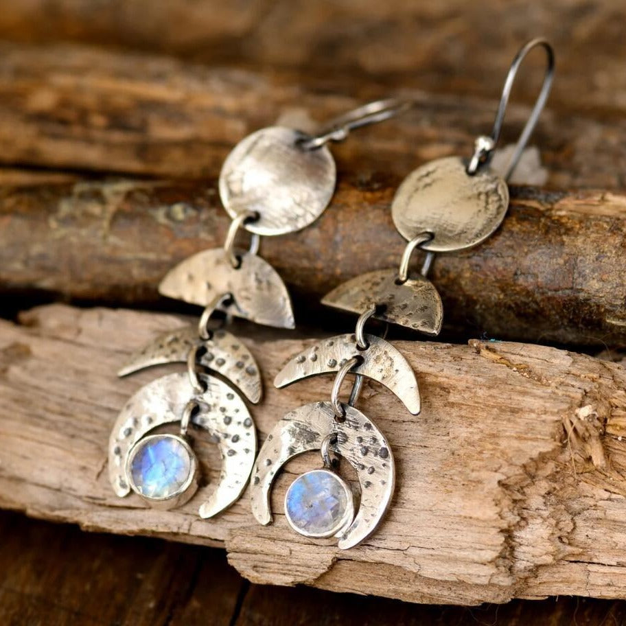 Wholesale Bohemian Retro Moon Phase Moonstone Long Women's Alloy Earrings