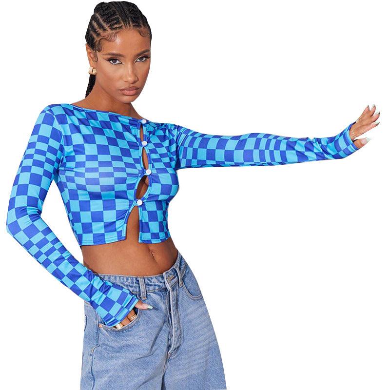 Wholesale Hollow Long Sleeve T-shirt Plaid Print