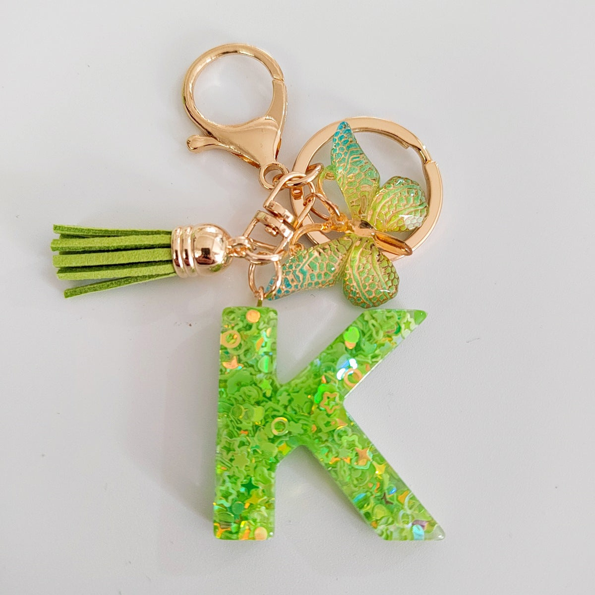 Wholesale 26 English Alphabet Keychain Pendant Green Star Glitter Resin Pendant  Key Chain