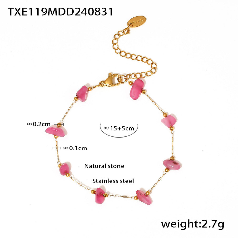 Wholesale Bohemian Pink Natural Stone Light Luxury Handmade Clavicle Necklace Bracelet Stainless Steel Women's Exquisite Set