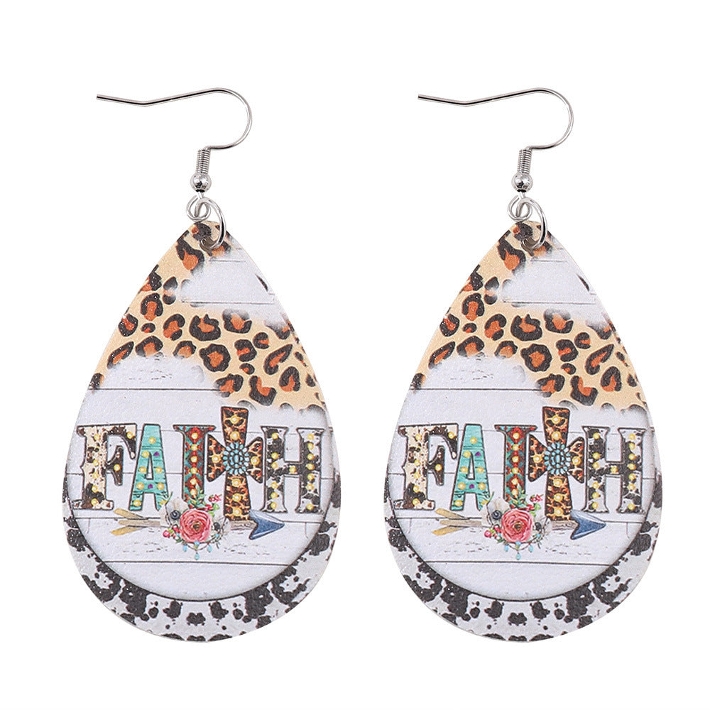 Wholesale Western Denim FAITH Leopard Print Turquoise Cross Double Sided Print PU Leather Drop Earrings
