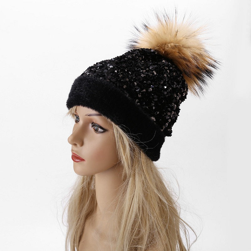 Wholesale Dyed Raccoon Fur Ball Sequin Warm Knitted Hat