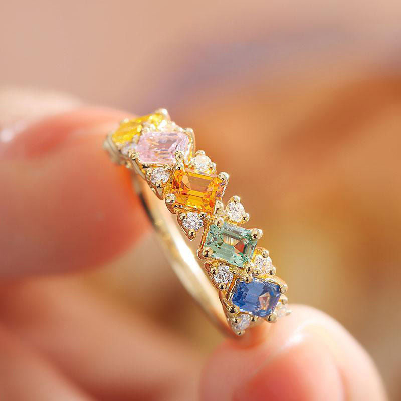 Wholesale Rainbow Series Inlaid Colored Sapphire Bronze Rings