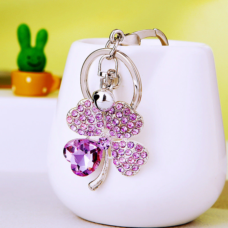 Wholesale Metal Crystal Four Leaf Clover Keychain Rhinestone Bag Charm Car Key Ring Fashion Accessory