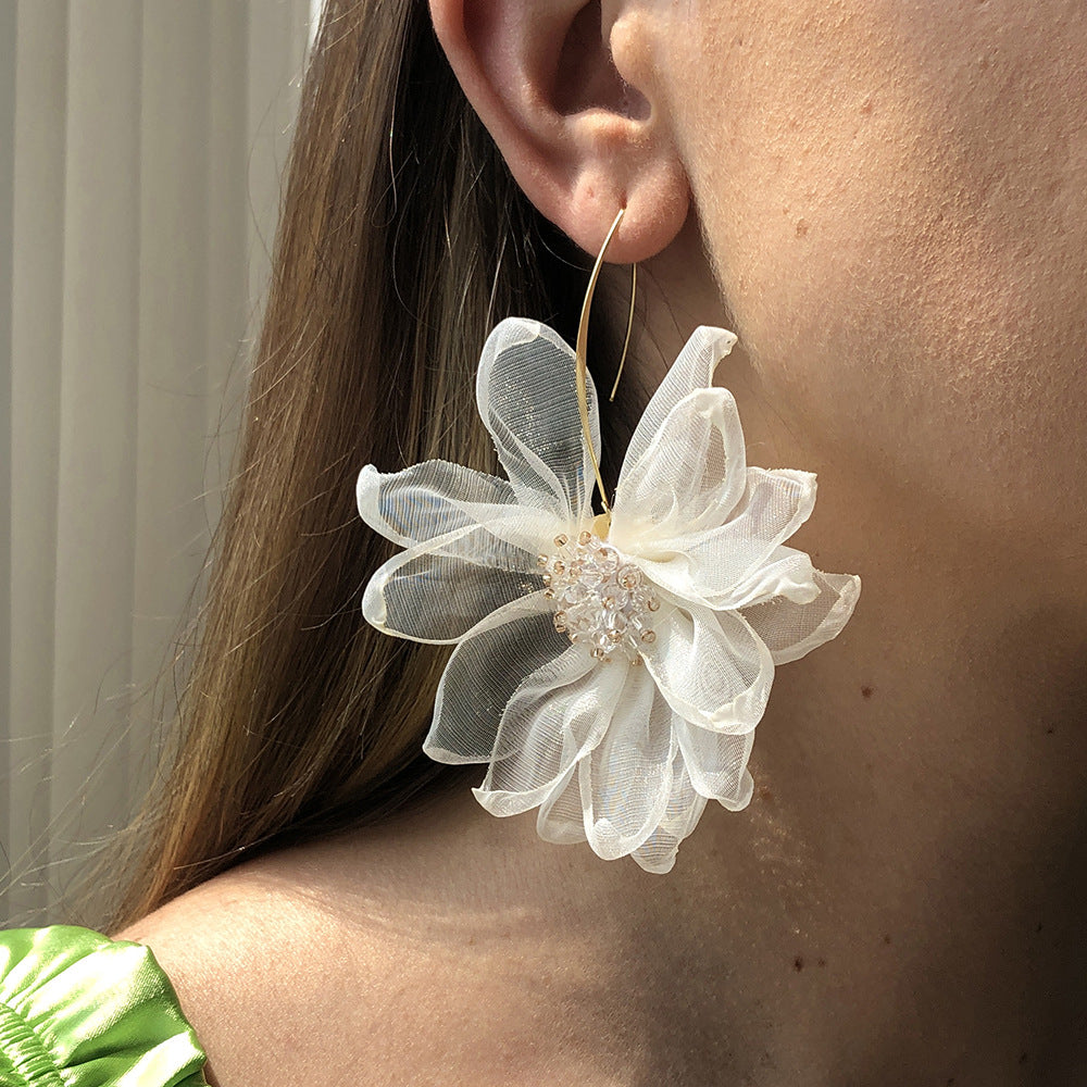 Wholesale Fabric Large Petal Flower Earrings