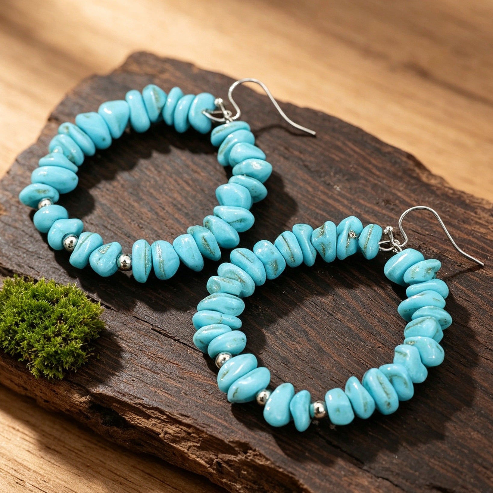 Wholesale Retro Western Turquoise Blue Bead Circle Earrings Bohemian Irregular Jewelry Accessory For Women