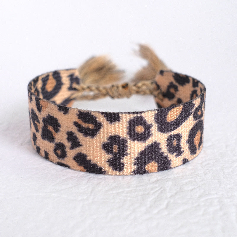 Wholesale Polyester Cord Weaving Leopard Print Love Letter Embroidery Tassel Bracelet